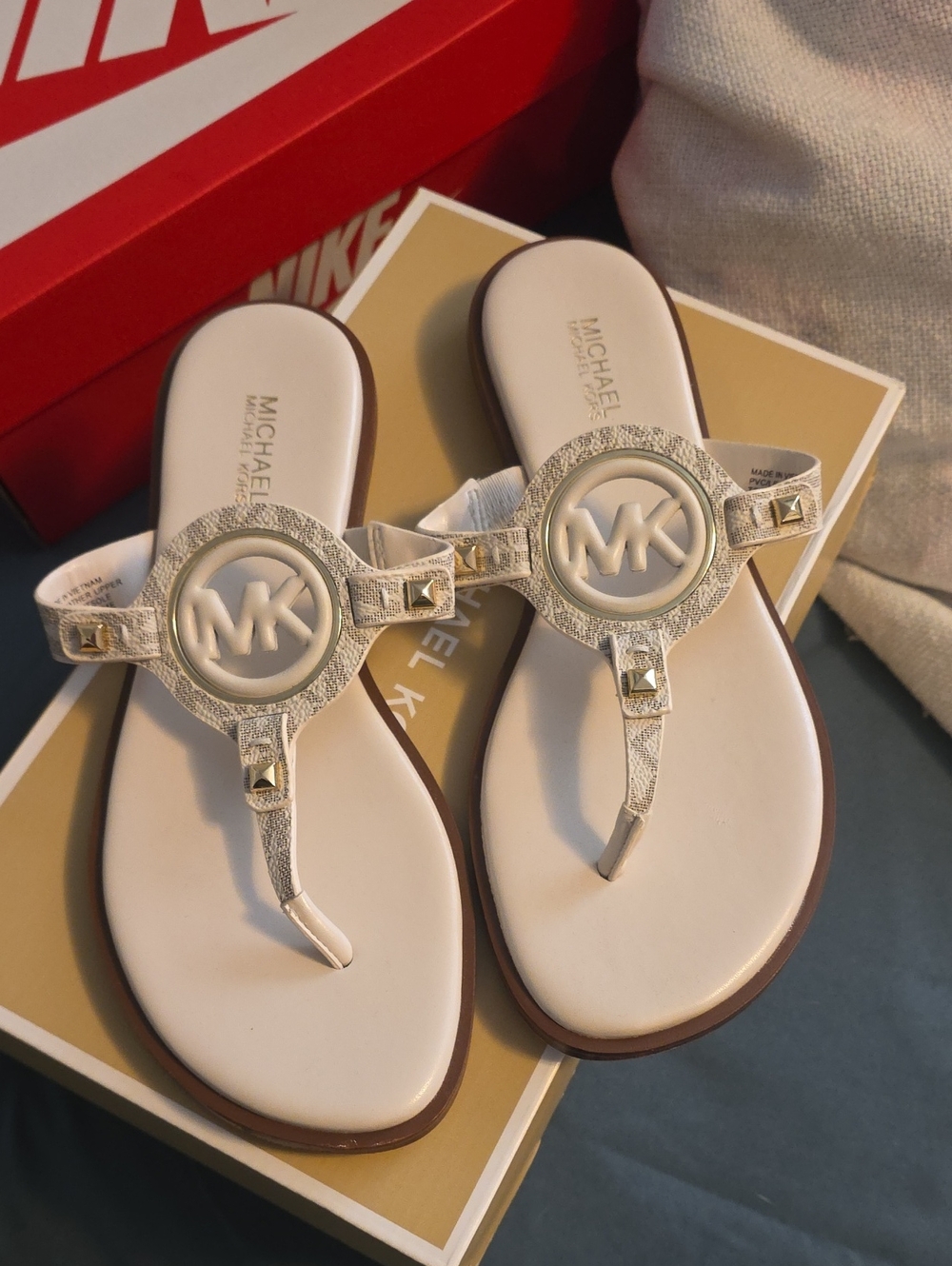 Michael Kors Cream/White MK Logo T-Strap Sandals